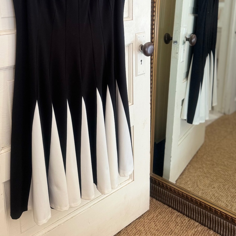 Black and white dress, pleated drop waist
